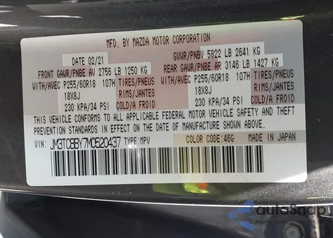 2021 Mazda Cx-9 Sport из США, поврежденный, VIN JM3TCBBY7M0520437